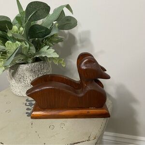 Vintage Handmade Carved Wood Duck Napkin Holder